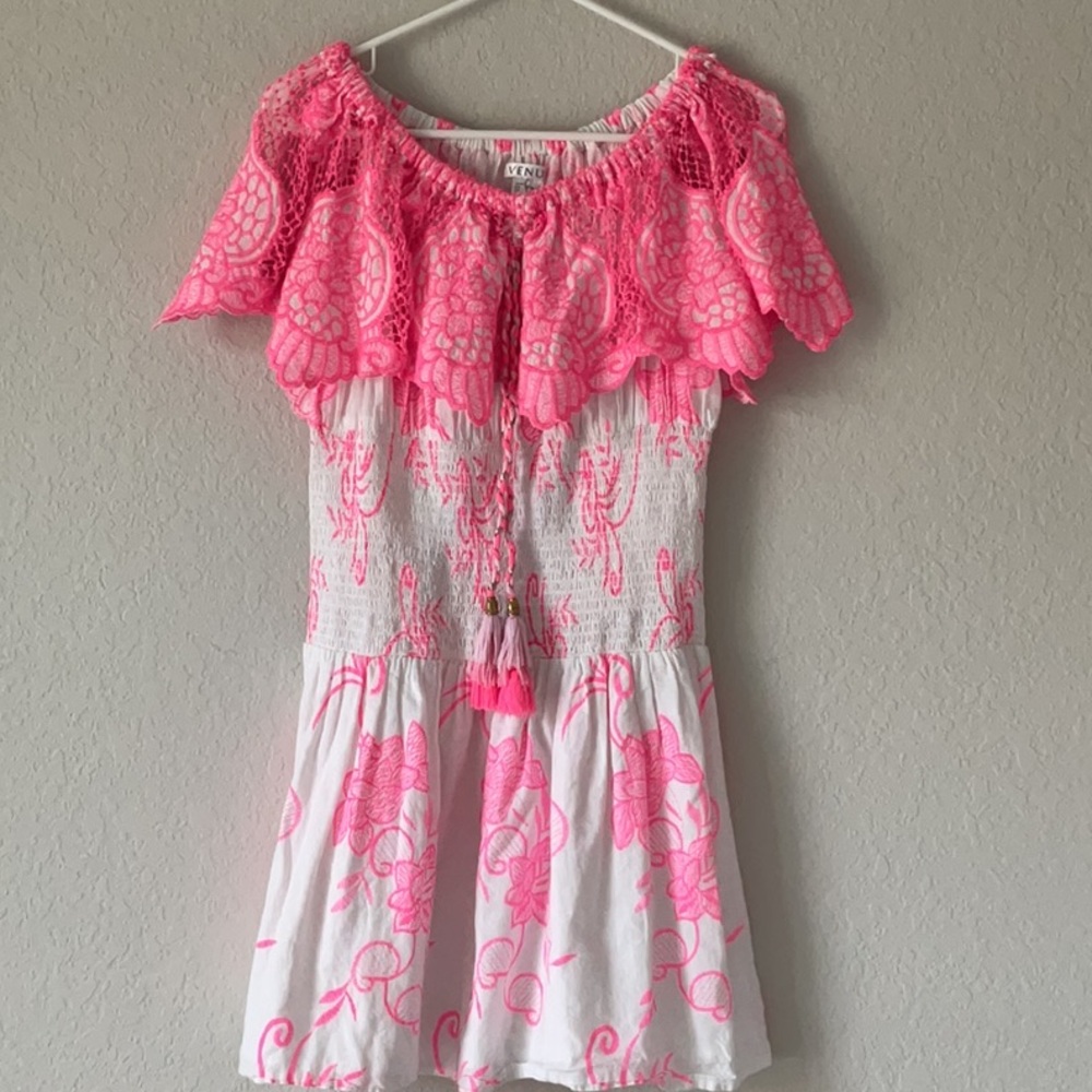 NWT! Venus Off the shoulder embroidered Mimi Pink and White Dress